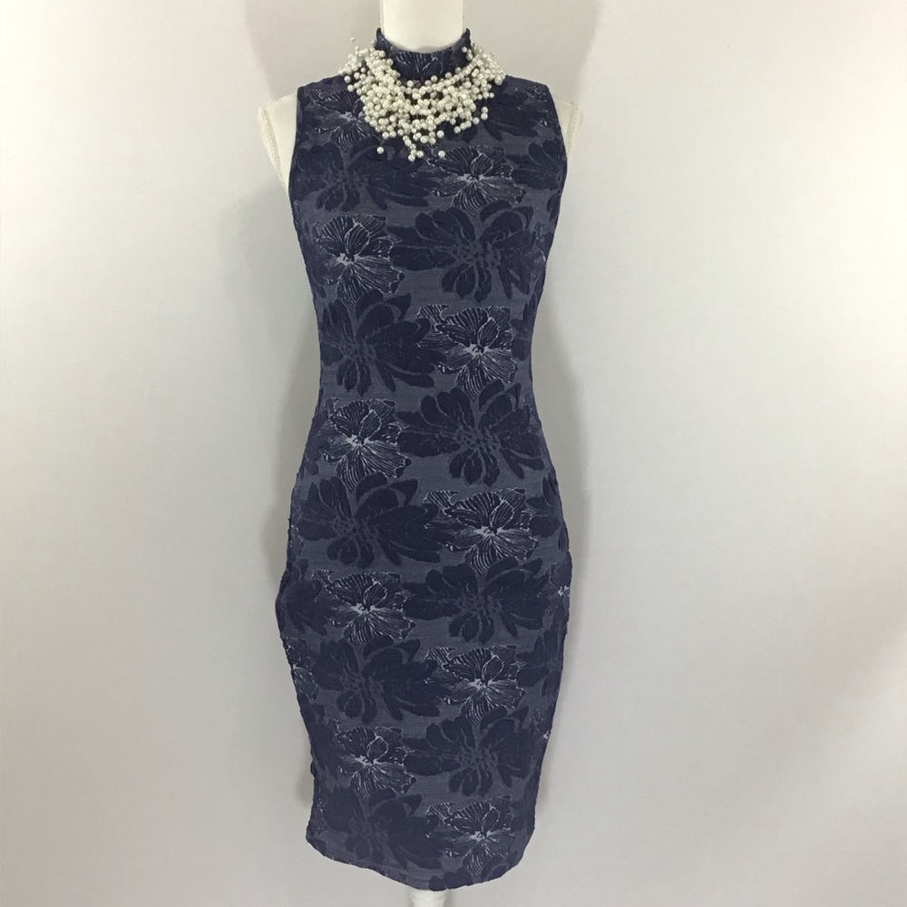 BANJUL JACQUARD FLORAL PRINT MOCK NECK SLEEVELESS DRESS SIZE L